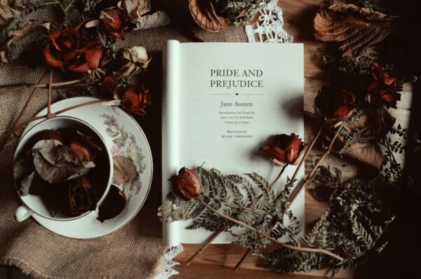 Jane Austen's Pride and Prejudice on a table.