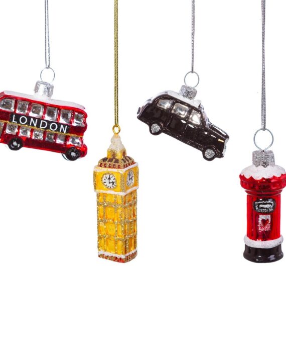 Skleněné vánoční ozdoby s londýnskou tematikou - autobus, taxi, Big Ben a poštovní schránka.