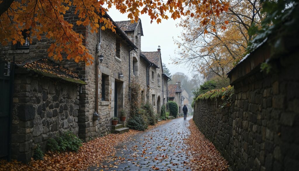 An autumnal scene from an old English lane, flooded with orange leaves.