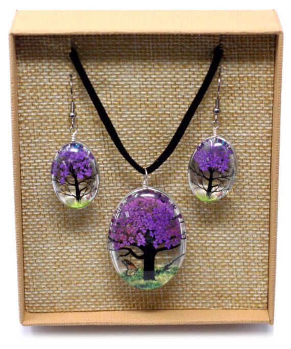 Sada náhrdelníku a náušnic z lisovaných květů - FIALOVÁ.