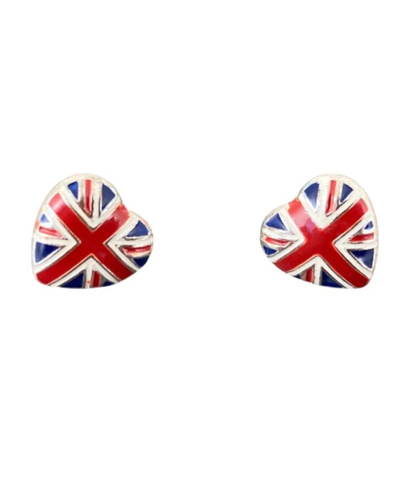 Náušnice ve tvaru srdce s britskou vlajkou.